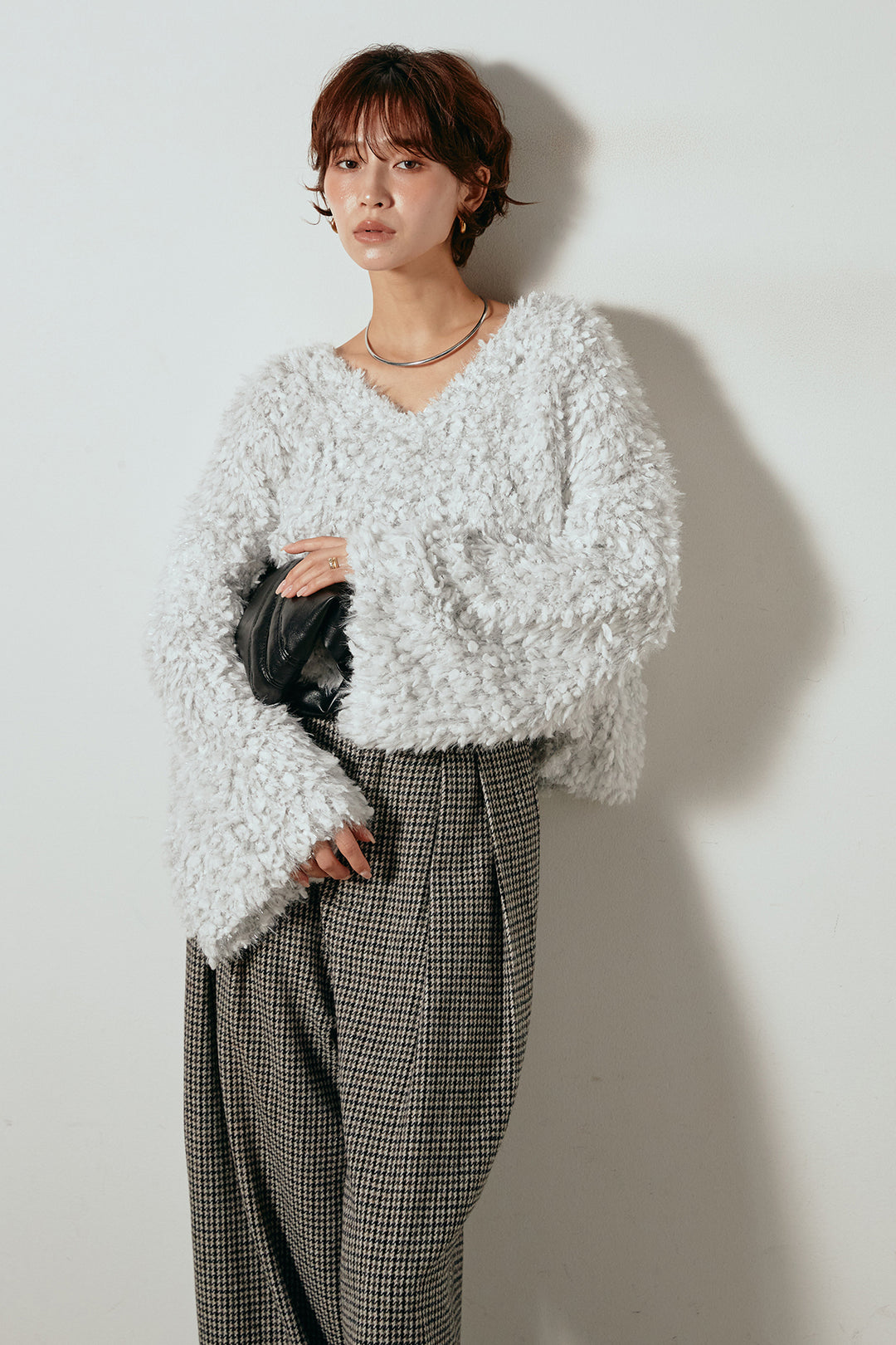 [SET]深Vネックチョウチョヤーンニットトップス+ガンクラブチェックタックパンツ(2set)