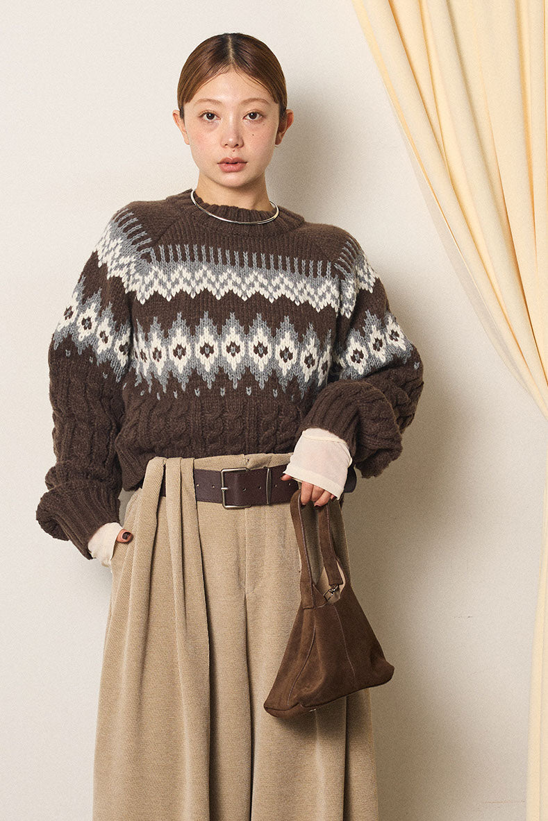 [SET]2WAY求心柄ジャガードショートカーディガン+2WAY袖コード刺繍クルーネックプルオーバー(2set)