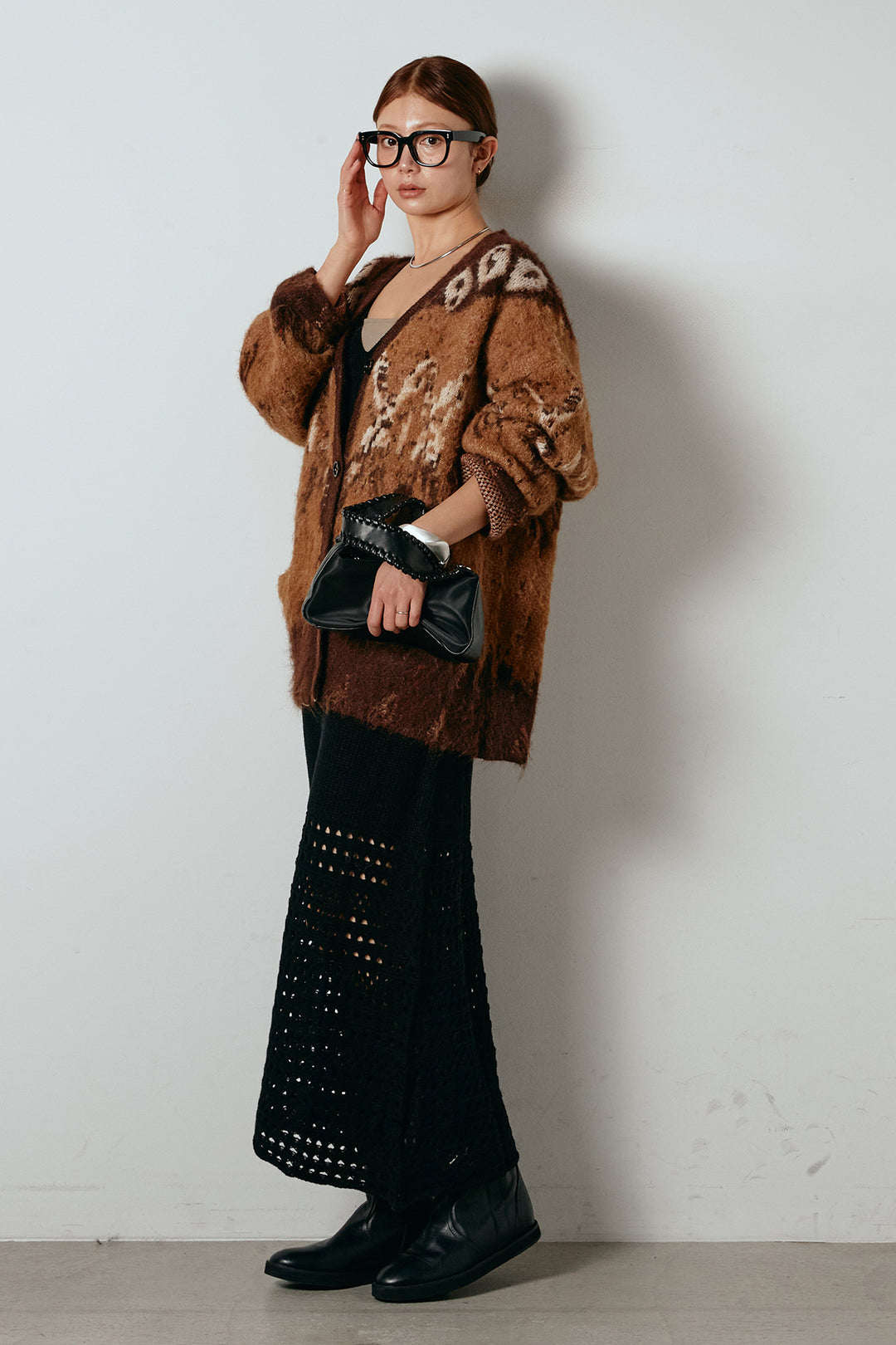 [SET]シャギーニュアンス柄ニットカーディガン+裾透かし編みキャミソールニットワンピース(2set)