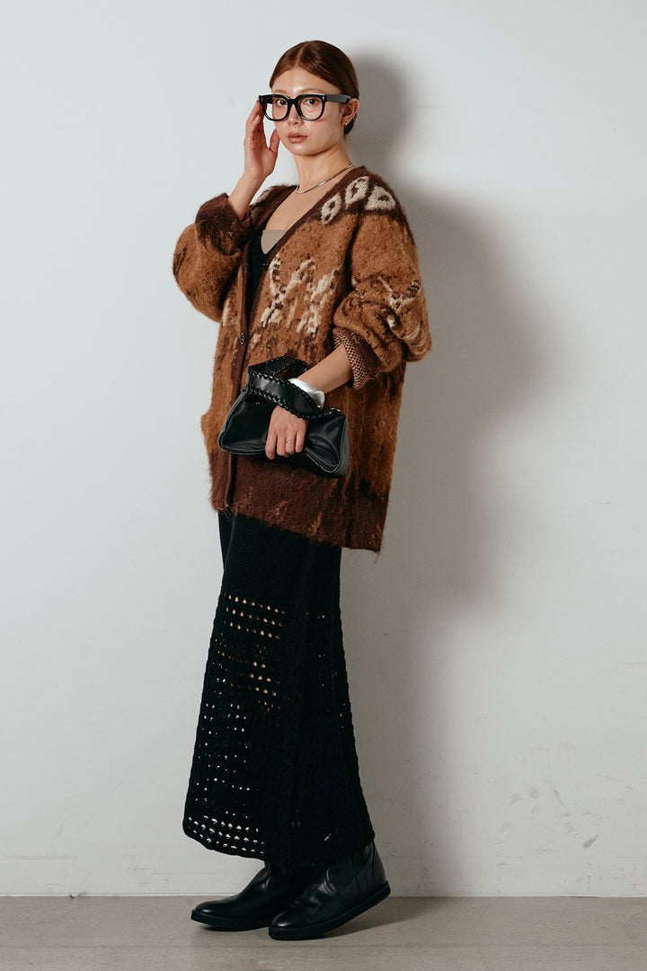 [SET]シャギーニュアンス柄ニットカーディガン+裾透かし編みキャミソールニットワンピース(2set)