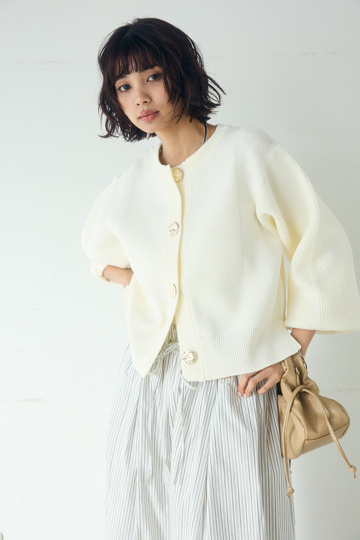 [SET]スポンディッシュBIGボタンクルーネックカーディガン+ランダムストライプタックギャザーパンツ(2set)