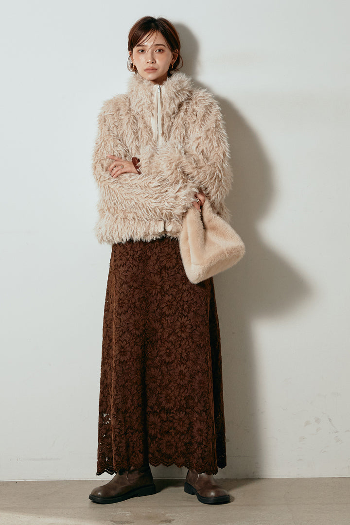 [SET]ミックスシープファースタンドブルゾン+花柄刺繍ベロアフレアスカート(2set)