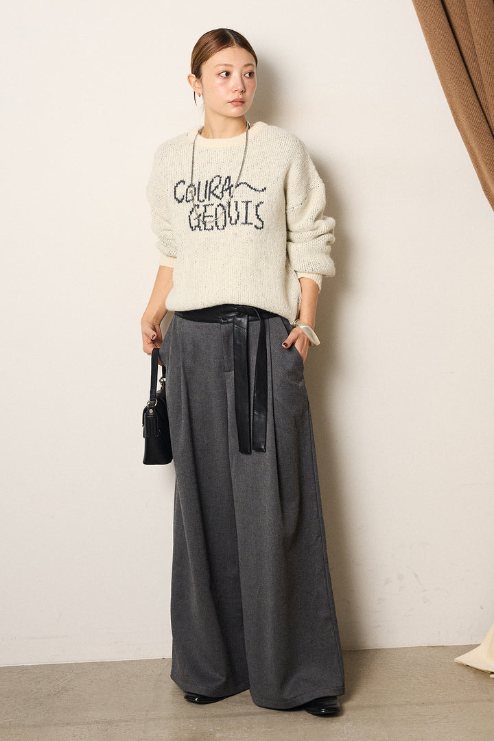 [SET]ロゴシャギーニットプルオーバー+巻ベルトウエストレザーライクワイドパンツ(2set)