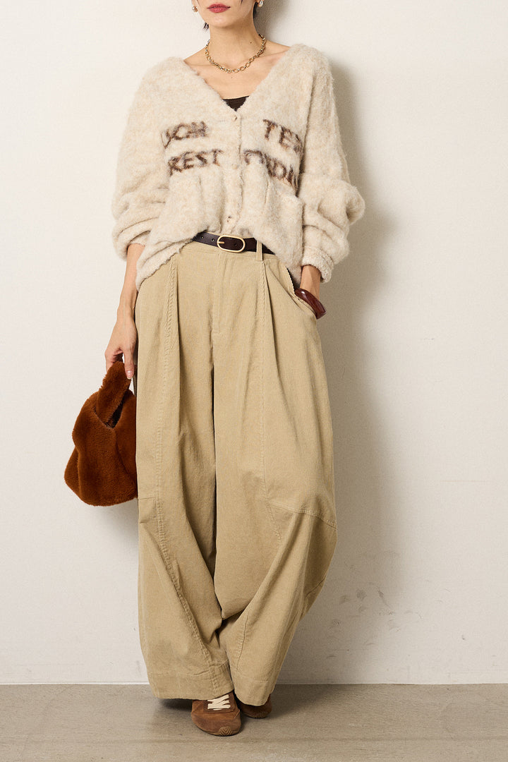 [SET]ウール混透かしロゴニットカーディガン+タック入りコーデュロイワイドパンツ(2set)