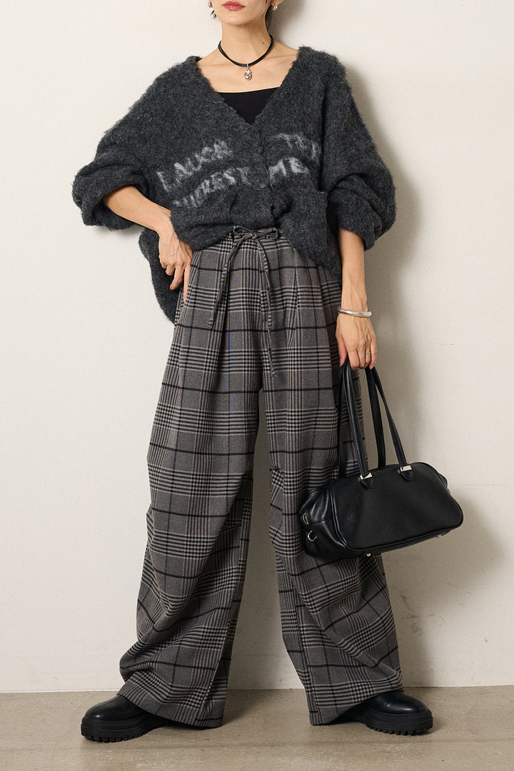 [SET]ウール混透かしロゴニットカーディガン+グレンチェックルーズタックパンツ(2set)