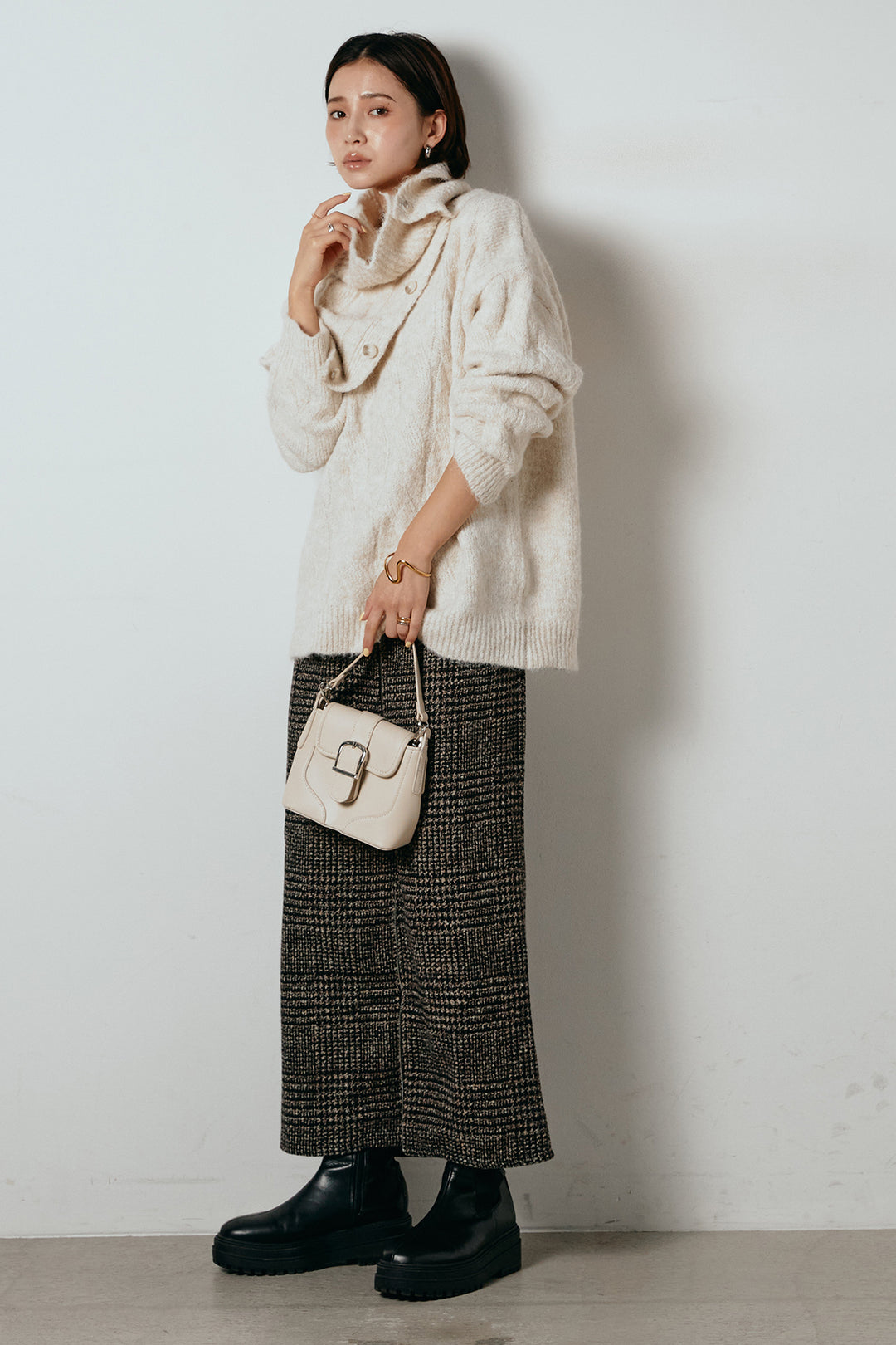 [SET]ケープデザインケーブルニットトップス+グレンチェック柄フロントジップタイトスカート(2set)