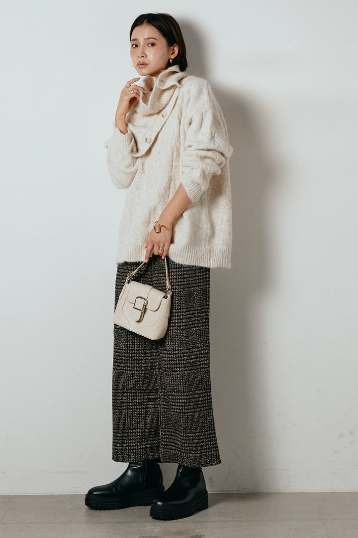 [SET]ケープデザインケーブルニットトップス+グレンチェック柄フロントジップタイトスカート(2set)