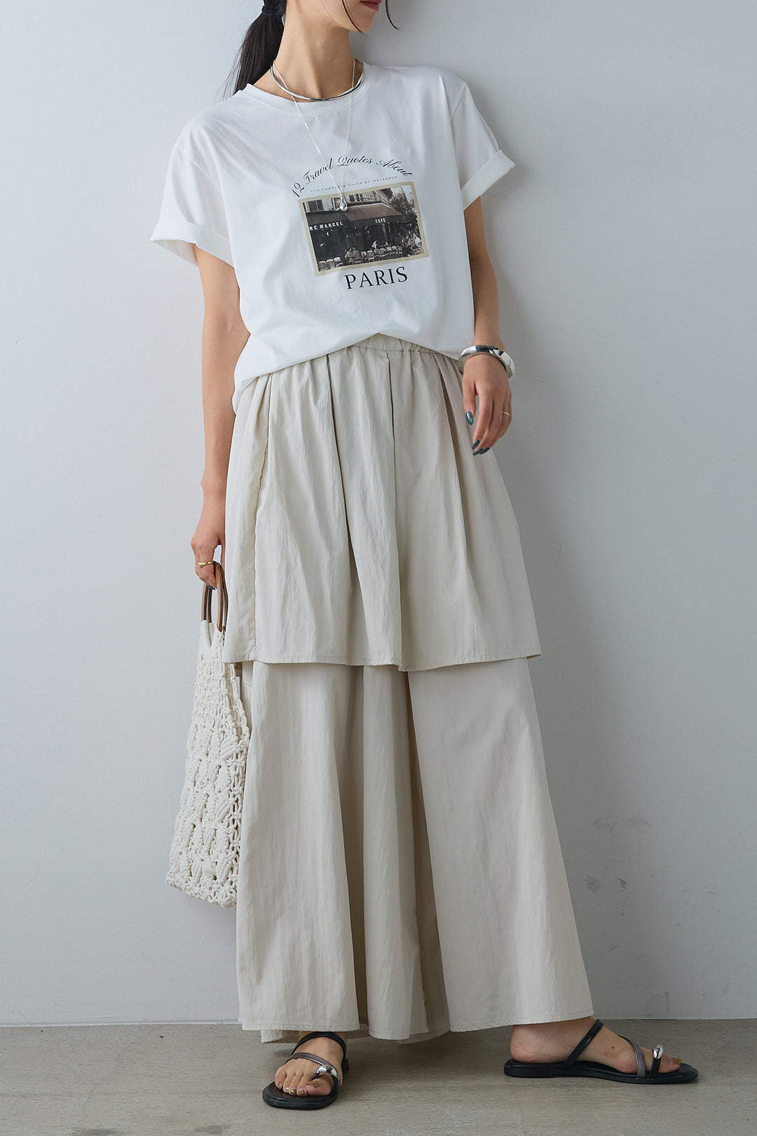 [SET]PARISフォトTシャツ+タックスカートドッキングフレアパンツ(2set)