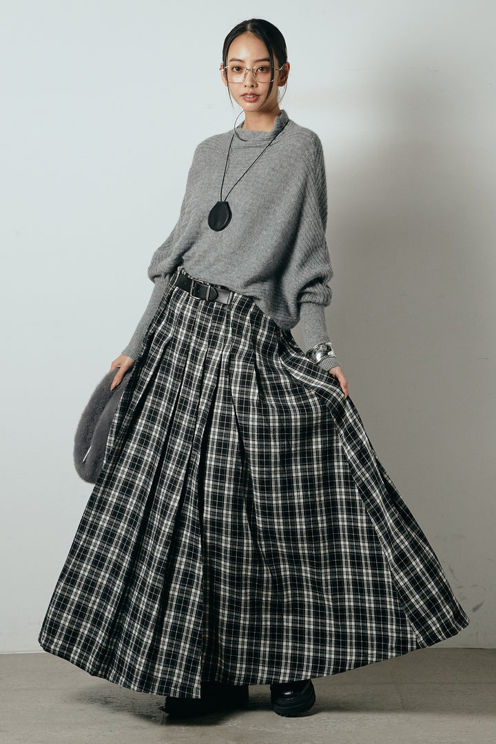 [SET]ポンチョシルエット透かしニットトップス+ベルト付きタータンチェックプリーツスカート(2set)