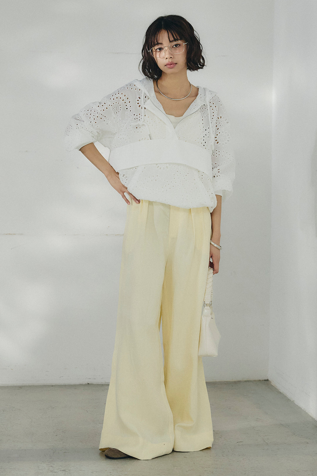 [SET]レースハーフジップアップフーディー+リネン混タックストレートワイドパンツ(2set)