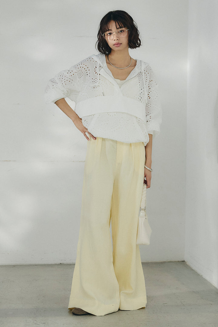 [SET]レースハーフジップアップフーディー+リネン混タックストレートワイドパンツ(2set)