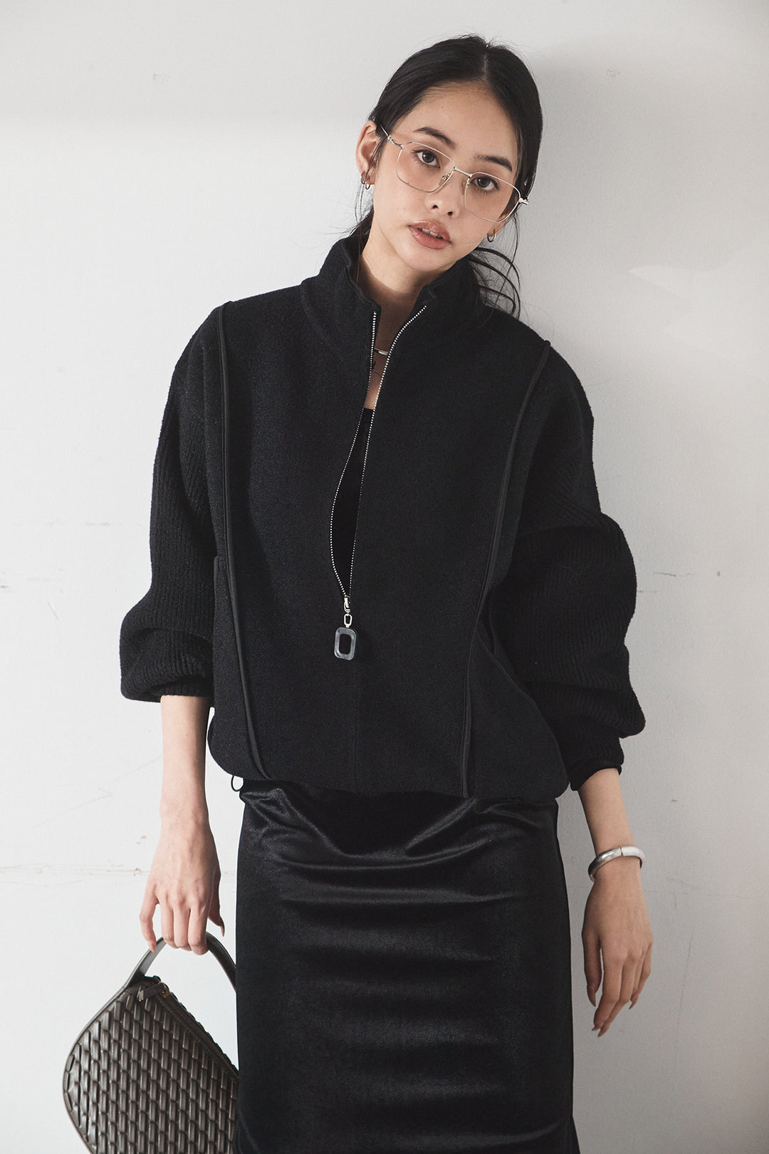 [SET]ハイネックパイピングデザインブルゾン+ベロアバレエネックワンピース(2set)