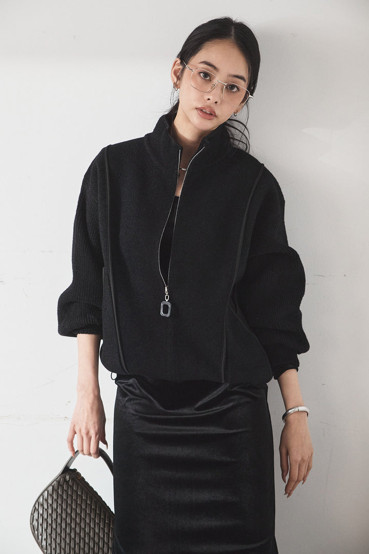 [SET]ハイネックパイピングデザインブルゾン+ベロアバレエネックワンピース(2set)