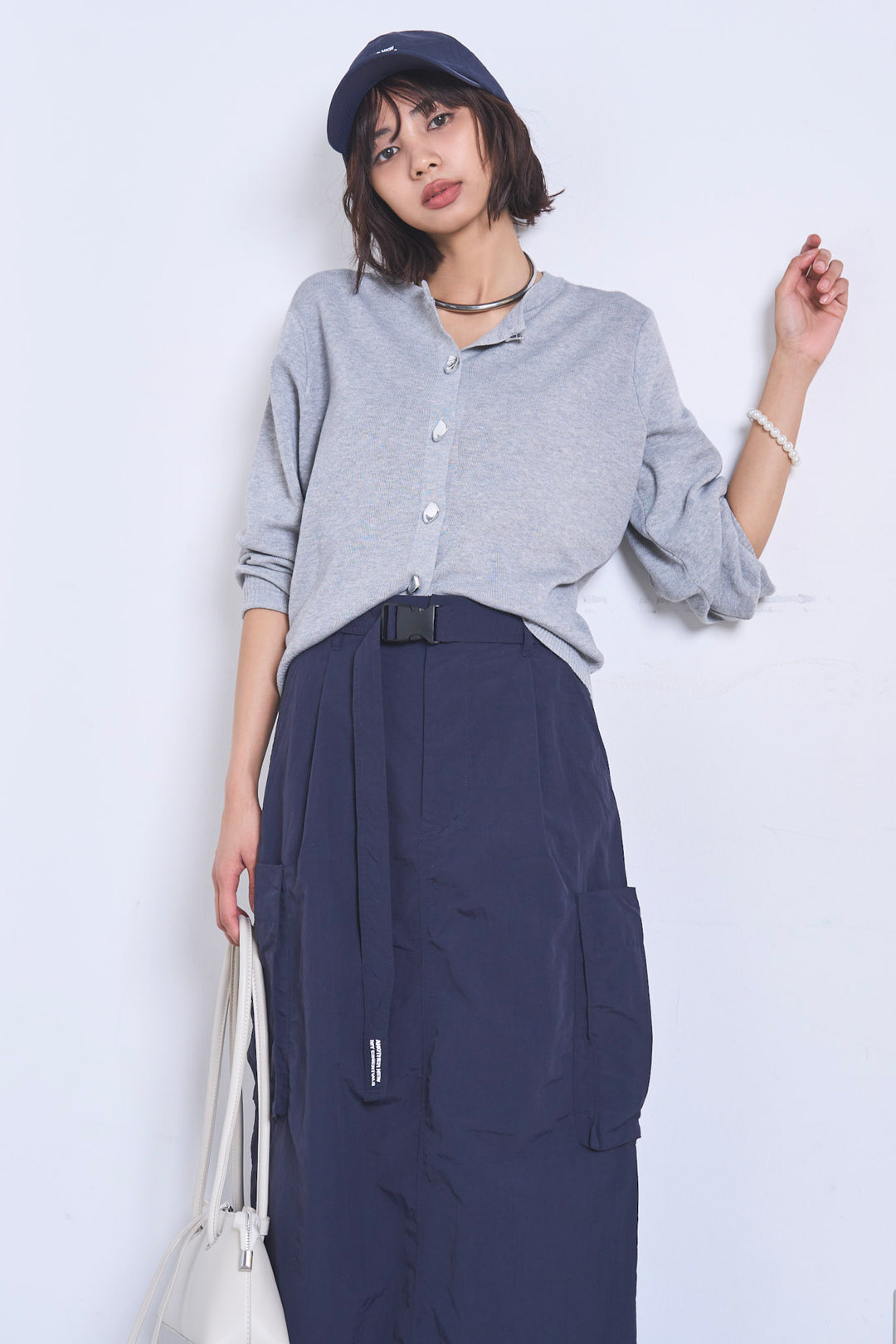 [SET]リサイクルポリニュアンス釦カーデ+撥水加工ナイロンスカート(2set)