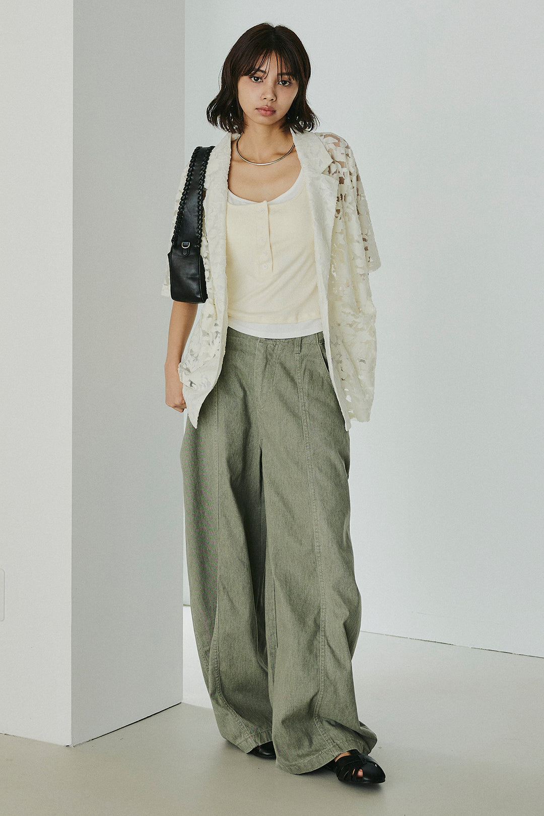 [SET]シアージャガードハーフスリーブテーラードジャケット+サイドベルトカーブワイドパンツ+配色ヘンリーネックタンクトップ(3set)