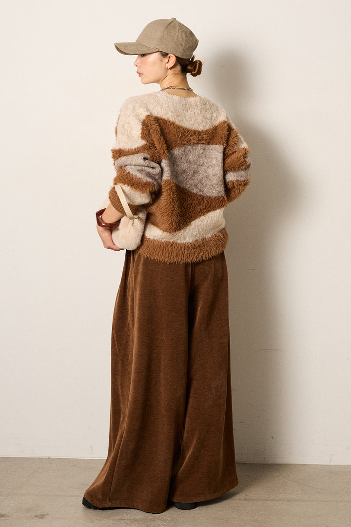 [SET]シャギーウェーブ柄クルーネックニットトップス+ベルトループコーデュロイワイドパンツ(2set)