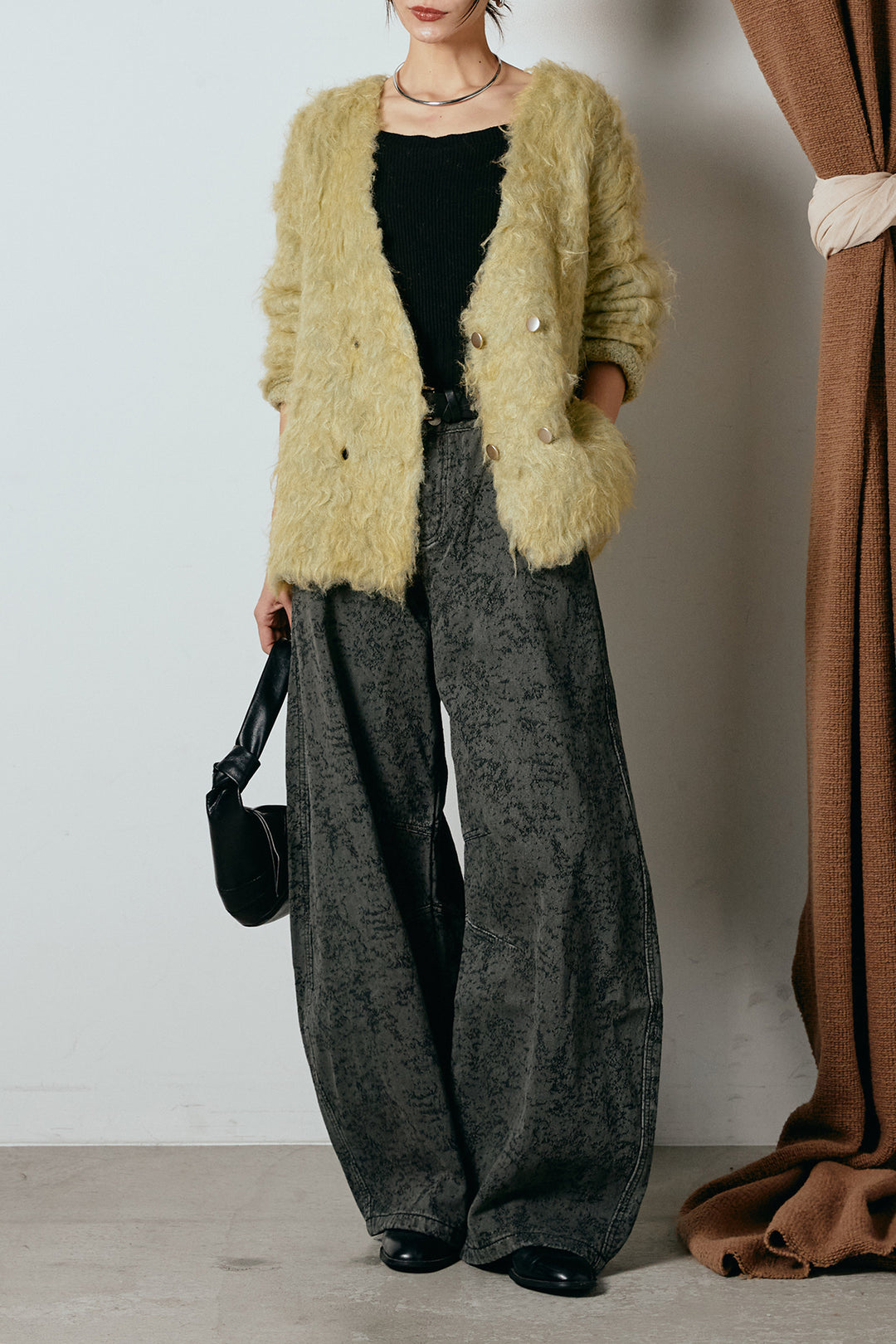 [SET]ウェーブシャギーニットジャケット+ベルト付きニュアンス柄カーブワイドパンツ(2set)