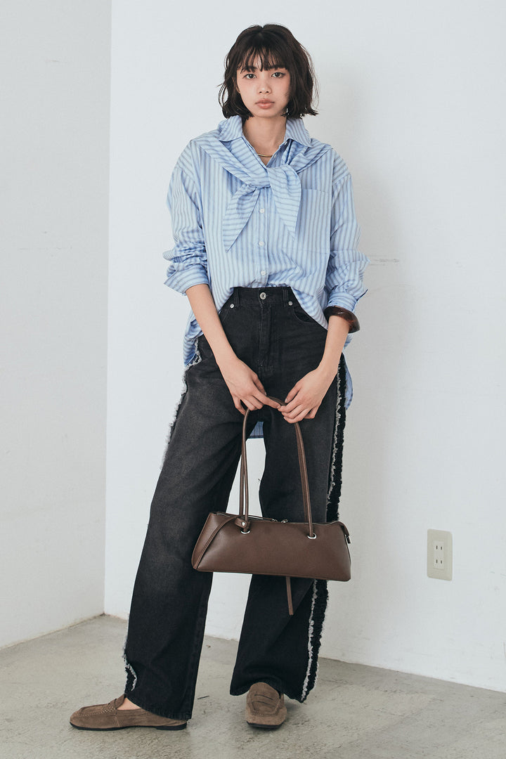 [SET]ランダムストライプスカーフ付きシャツ+デニムサイドフリルパンツ(2set)