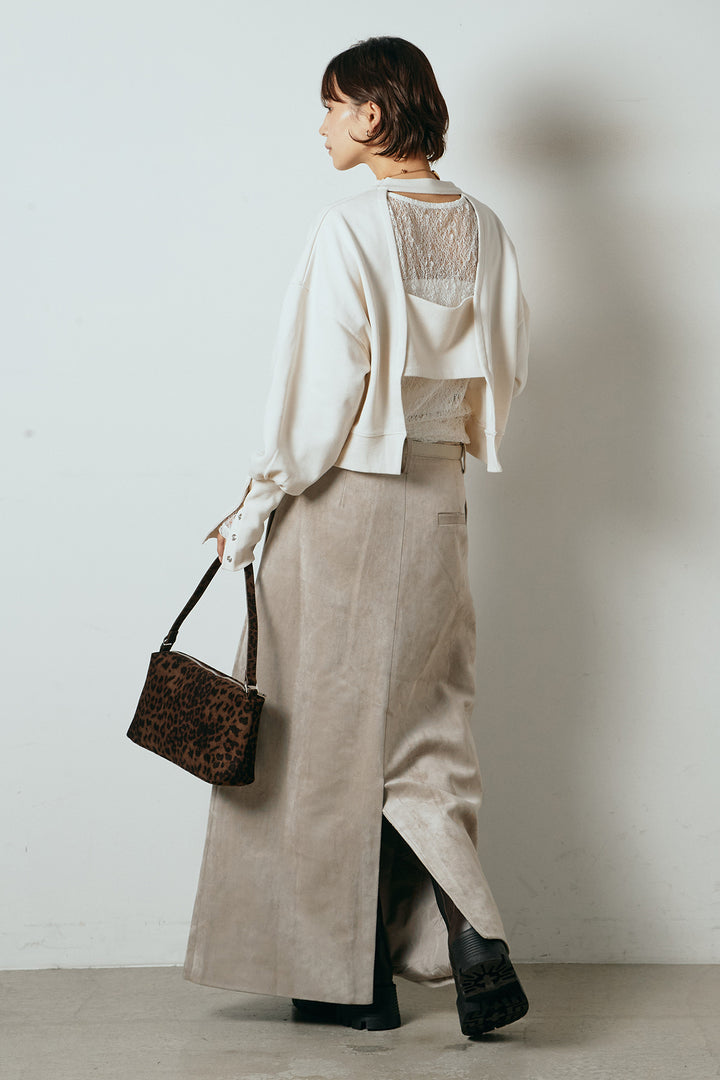 [SET]裏毛バックオープンプルオーバー+エコスウェードワイドスカート(2set)