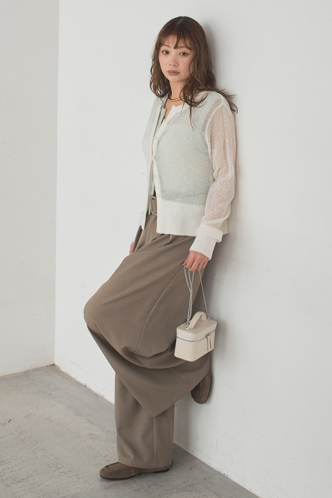 [SET]モヘア透かし編みレイヤードアンサンブルセット+ベルト付きツータックワイドパンツ(2set)