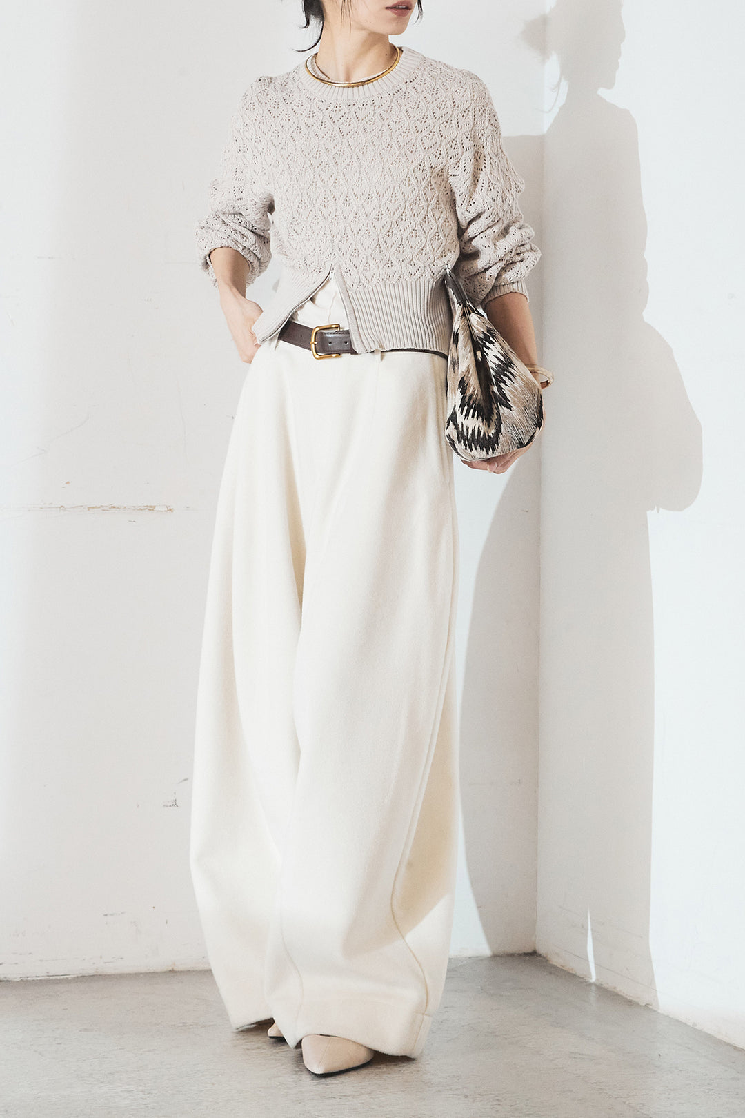 [SET]透かし編みニットジップスリットプルオーバー+ウールタッチカーブワイドパンツ(2set)