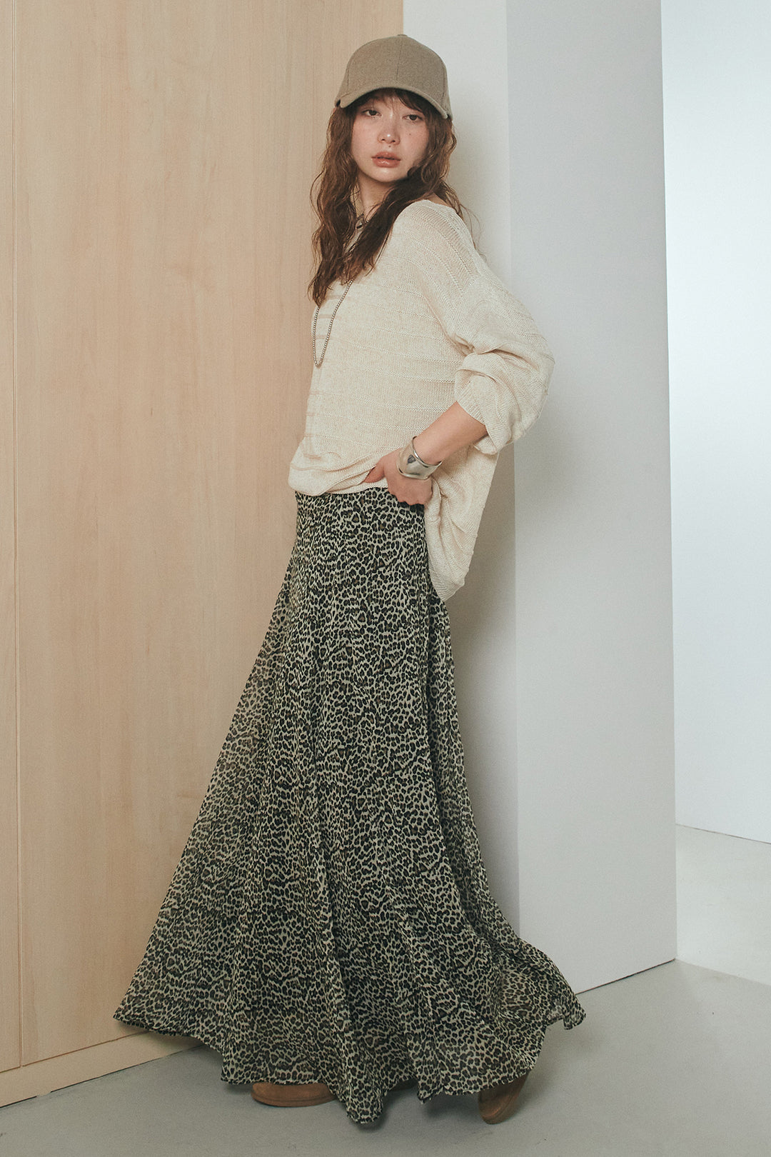 [SET]麻混リラックスニットトップス+リラックスレオパードロングスカート(2set)
