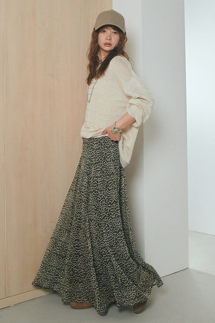 [SET]麻混リラックスニットトップス+リラックスレオパードロングスカート(2set)