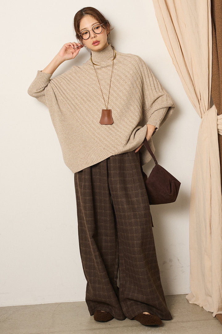 [SET]アシメデザインリブポンチョニットトップス+ウールライクチェックタックパンツ(2set)