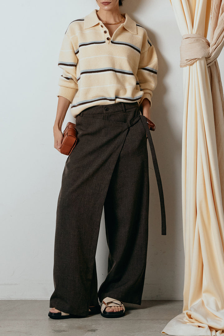 [SET]襟付きマルチボーダーニットポロトップス+ラップ巻きワイドスラックス(2set)