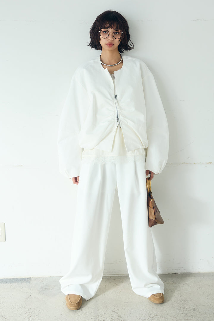 [SET]ノーカラーフロントギャザージップアウター+斜めボタンタック入りスラックス+ブロード切り替えぺプラムタンク(3set)