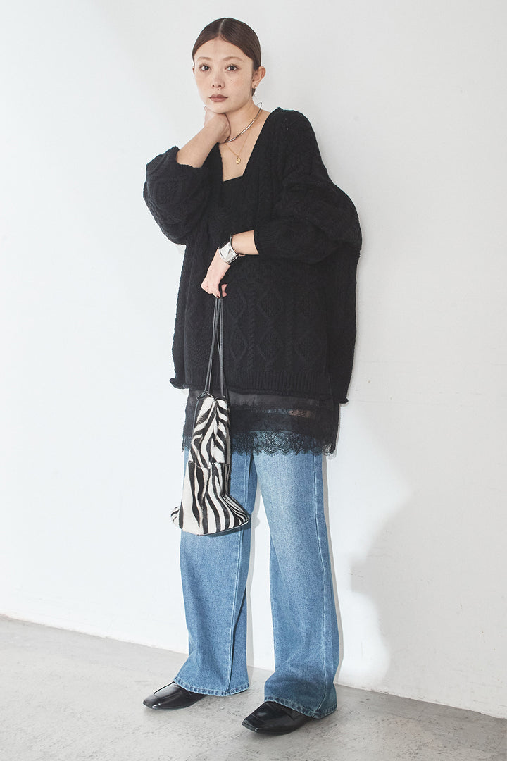 [SET]ケーブルVニットセーター+デニムサイドカットパンツ(2set)