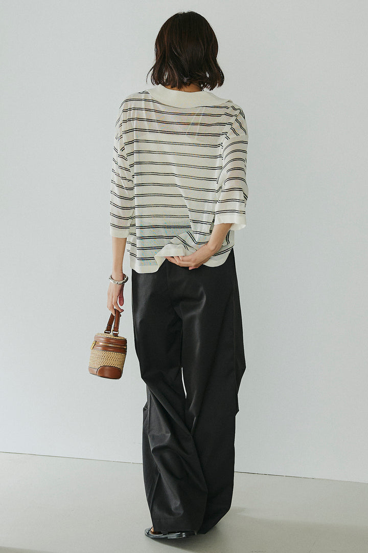 [SET]ボーダーニットポロシャツ+ニーサイドタックウエストドロスパンツ(2set)