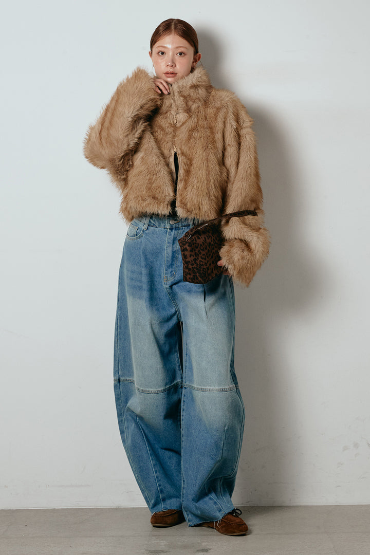 [SET]エコファーショート丈ブルゾン+加工デニムタックコクーンワイドパンツ(2set)