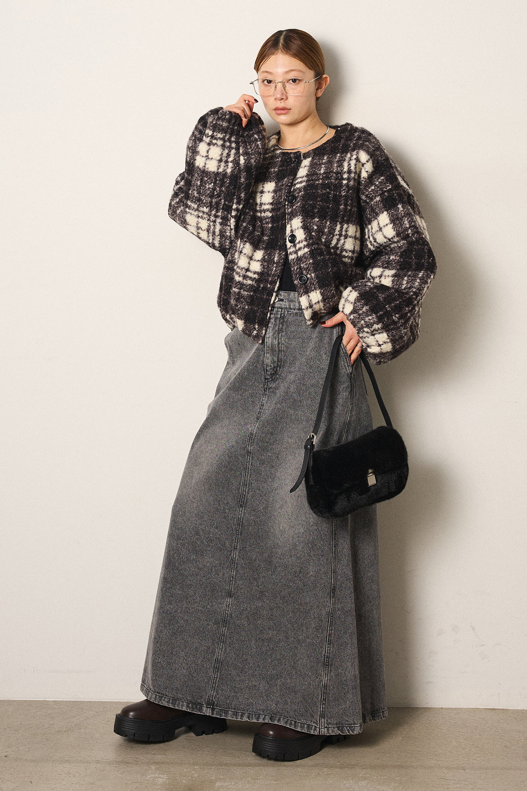 [SET]ノーカラーチェック柄ボアブルゾン+デニムロングフレアスカート(2set)