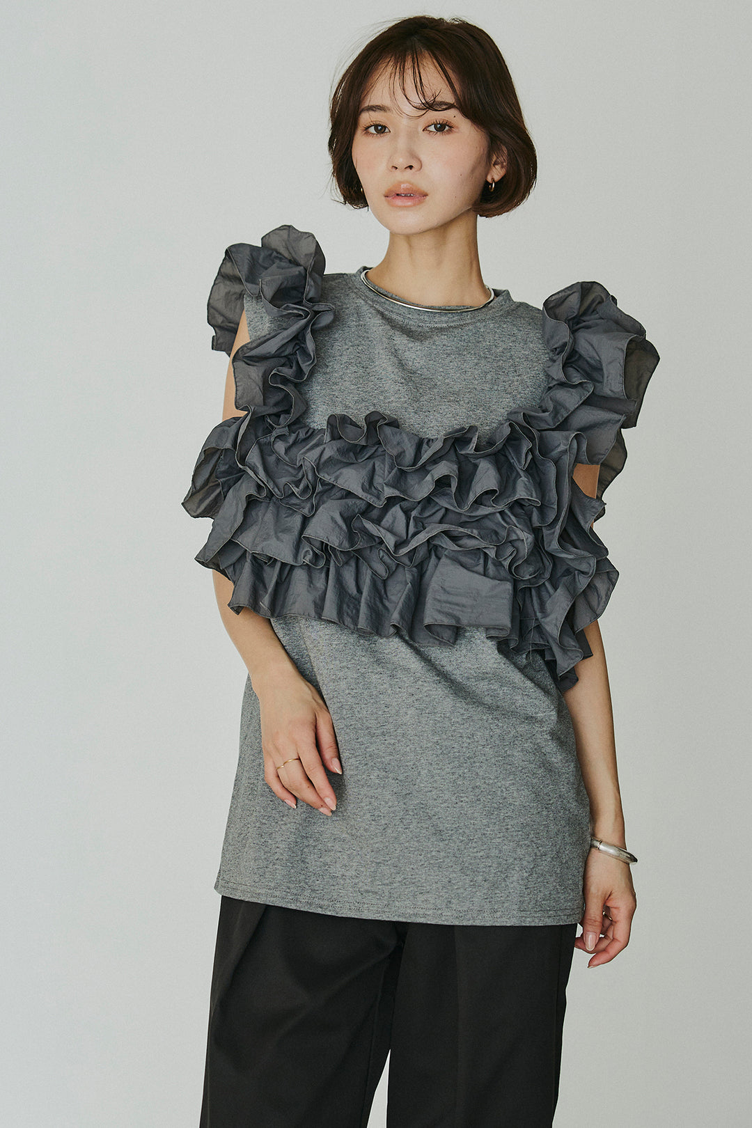 [SET]天竺ナイロンドッキングビスチェ風トップス+オーガンジータックパンツ(2set)