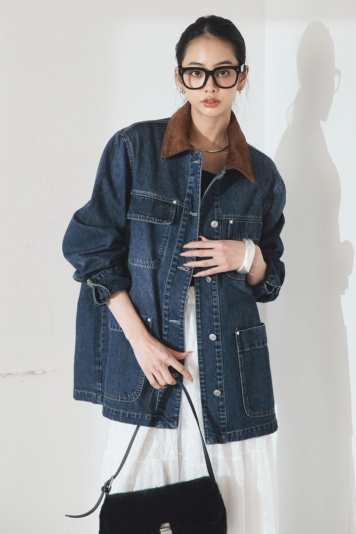 [SET]襟コーデュロイデニムカバーオール+ひげレース切替ロング丈スカート(2set)