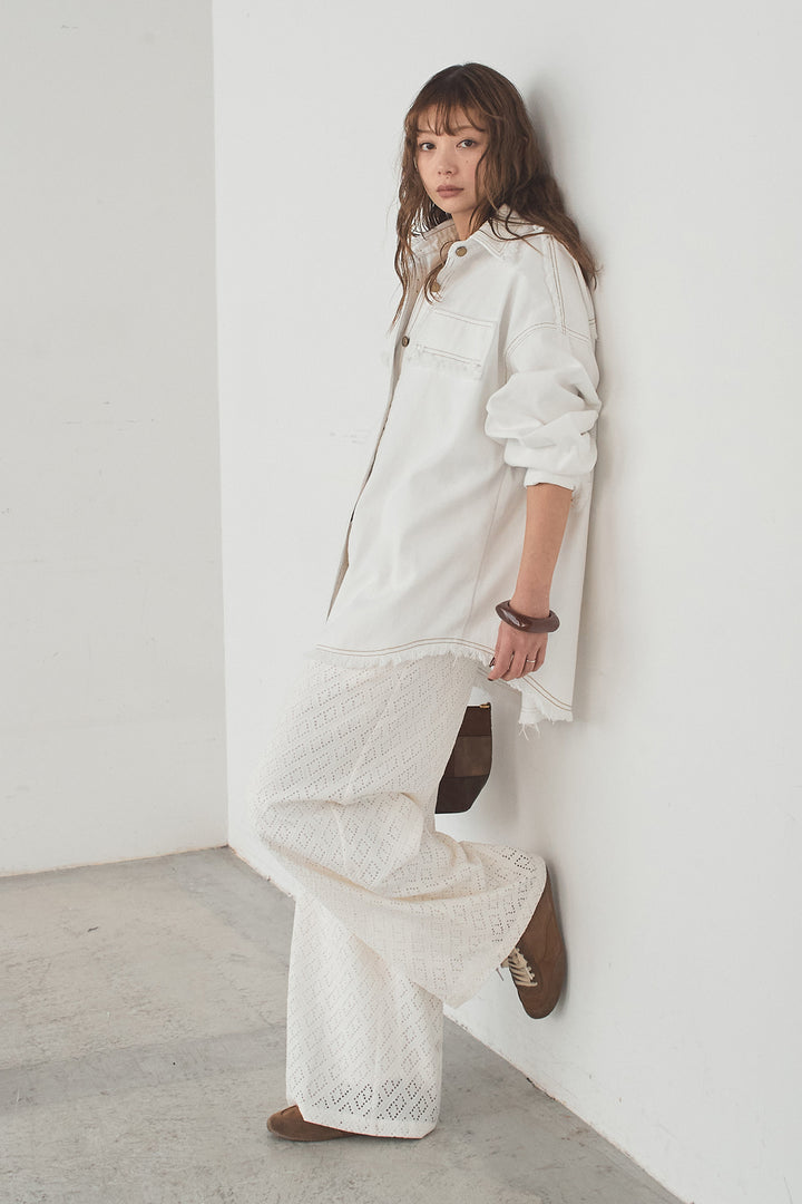 [SET]フリンジデニムジャケット+ダイヤ柄レースロングイージーパンツ(2set)