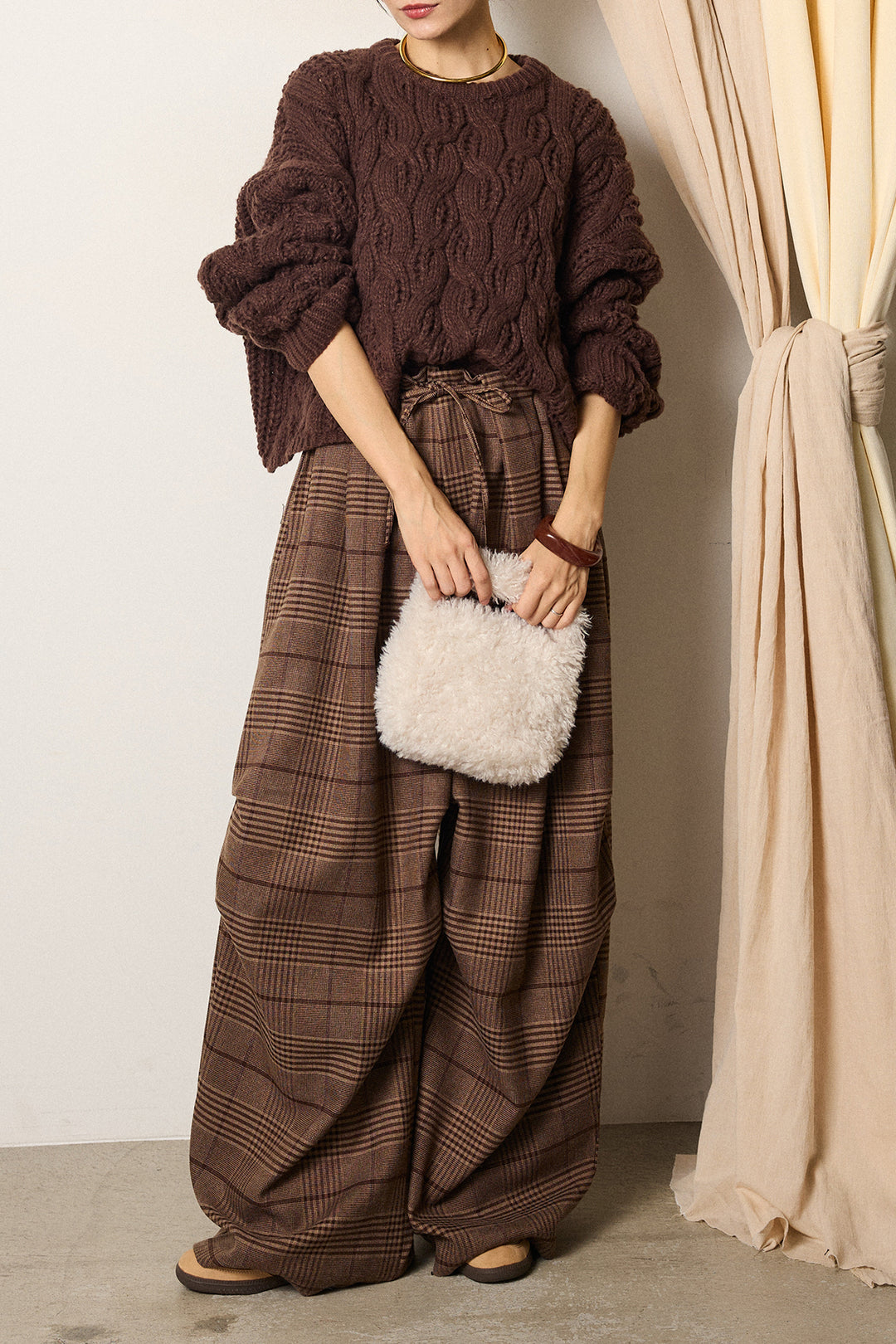 [SET]ケーブルリラックスショートニット+グレンチェックルーズタックパンツ(2set)
