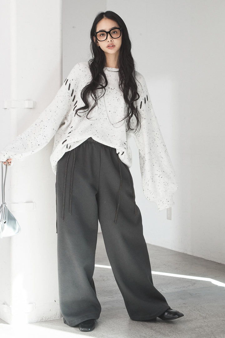 [SET]ネップ編み上げニットトップス+裏起毛スウェットワイドパンツ(2set)