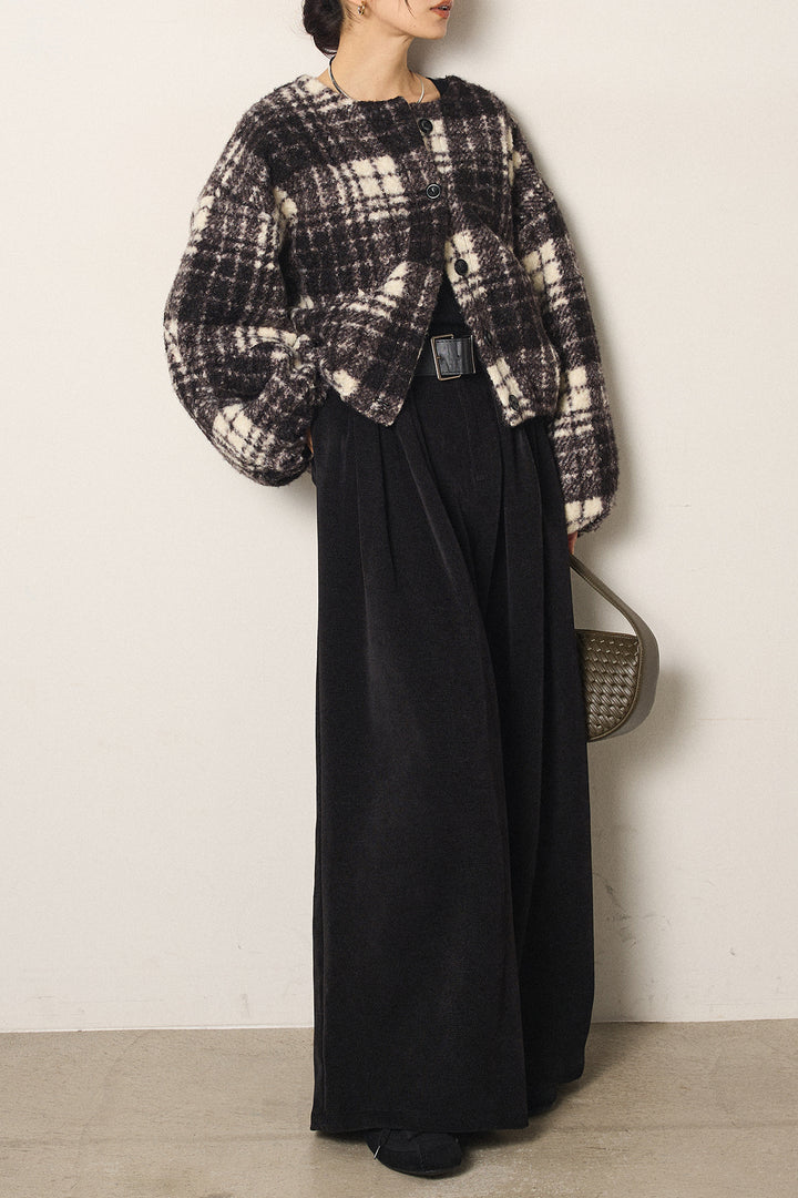 [SET]ノーカラーチェック柄ボアブルゾン+ベルトループコーデュロイワイドパンツ(2set)