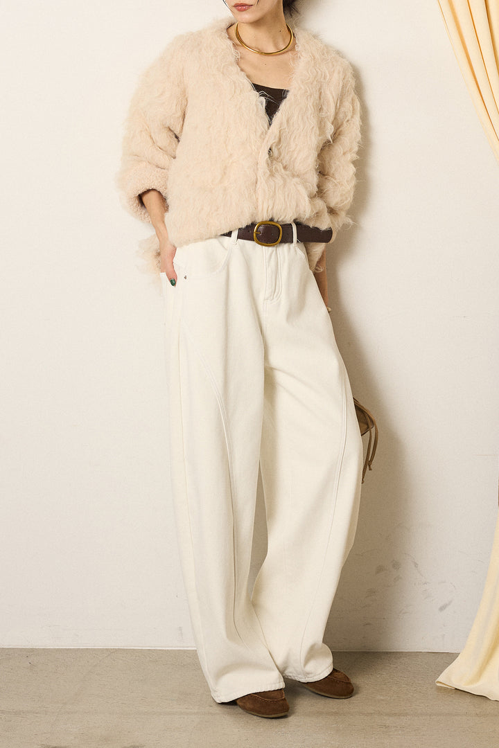[SET]起毛シャギーニットカーディガン+ベルト付きカジュアルカーブワイドパンツ(2set)