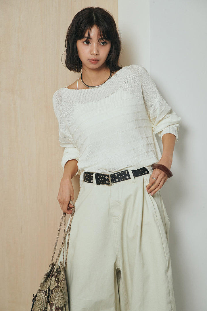 [SET]麻混リラックスニットトップス+ベルト付きカラーデニムパンツ(2set)