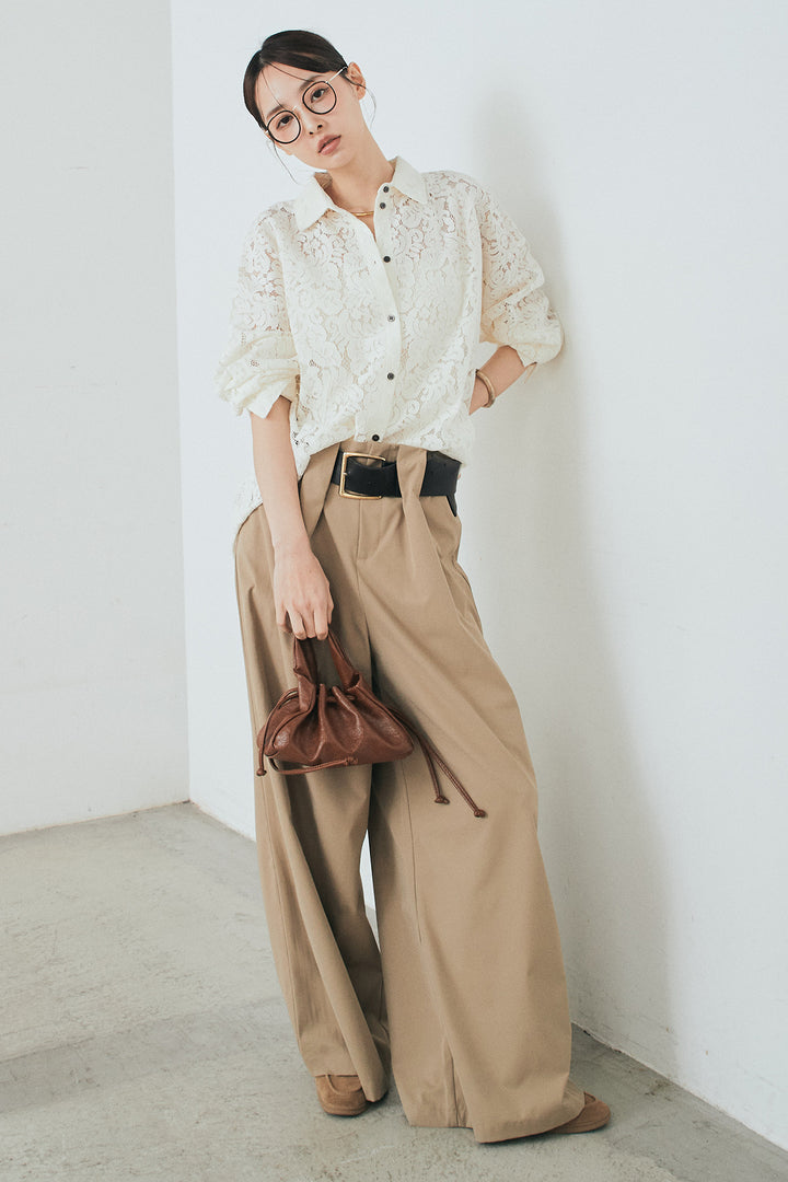 [SET]レース裾スカラップシャツ+ベルトループデザインハイウエストタックパンツ(2set)