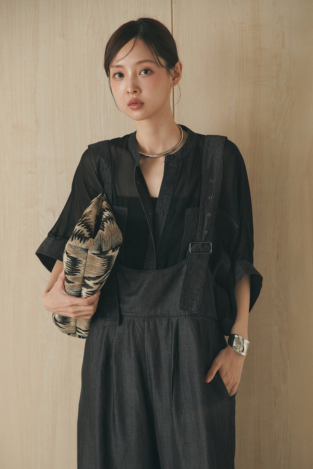 [SET]デニムライクビッグツーポケシアーシャツ+前後2WAYテンセルデニムサロペット(2set)