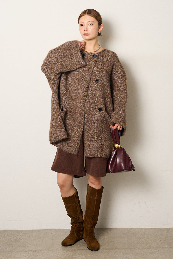 [SET]アシンメトリーボタンニットカーディガン+リラックスコーデュロイハーフパンツ(2set)