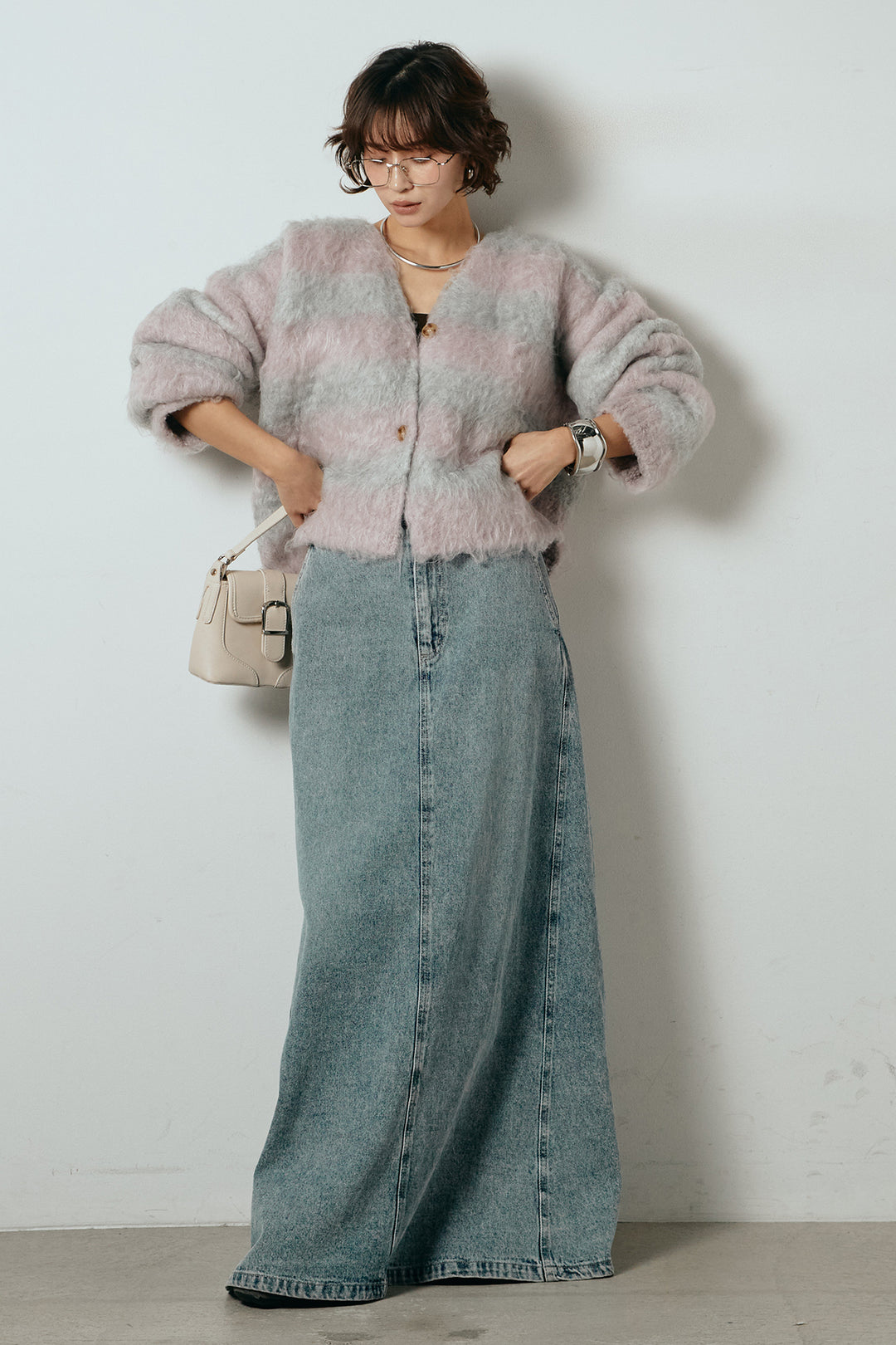 [SET]シャギーボーダー柄ニットカーディガン+デニムロングフレアスカート(2set)