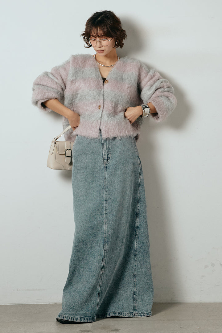 [SET]シャギーボーダー柄ニットカーディガン+デニムロングフレアスカート(2set)