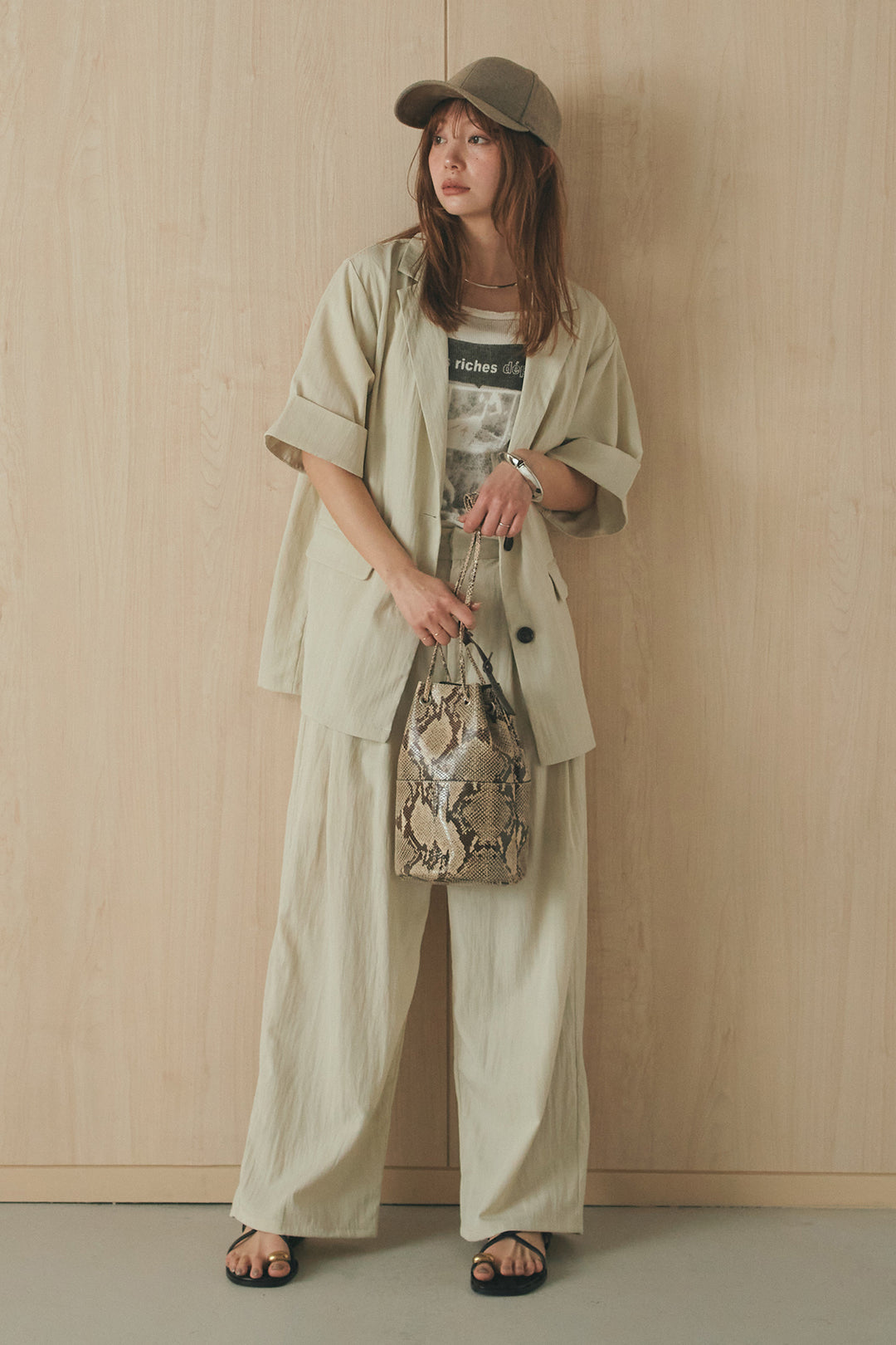 [SET]リネンライクテーラードハーフスリーブジャケット+リネンライク2タックワイドパンツ(2set)