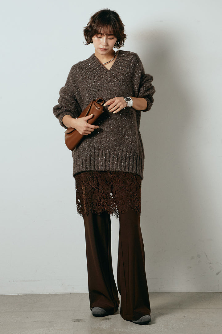 [SET]Vネックラメニットトップス+レース刺繍レイヤードフレアパンツ(2set)