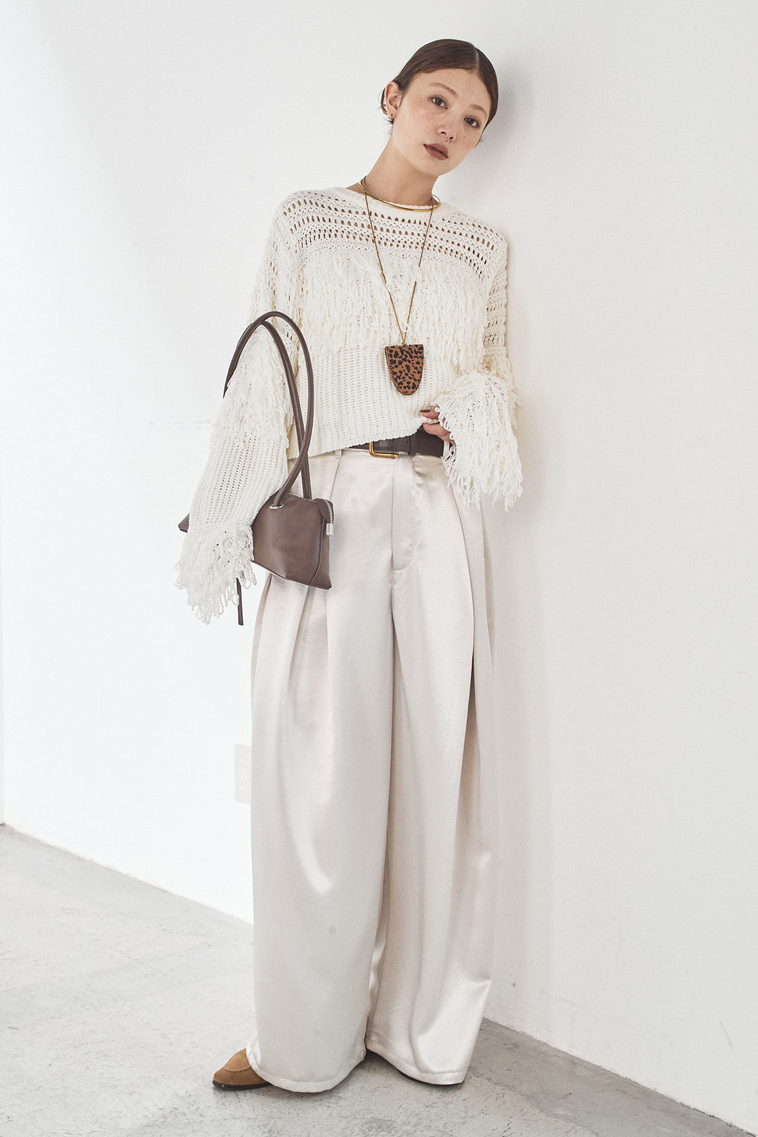 [SET]メッシュフリンジ切り替えプルオーバー+サテンタックワイドパンツ(2set)